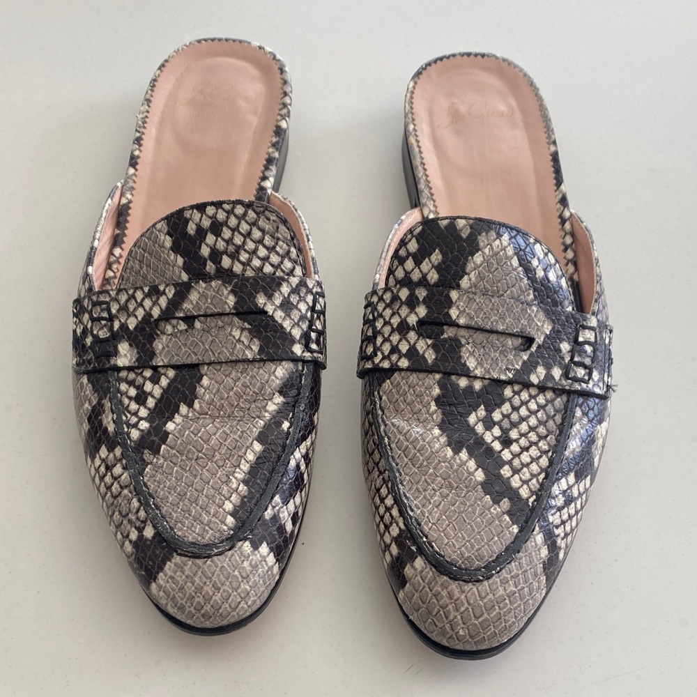 JCrew Snake-Print Leather Slip-On Mules